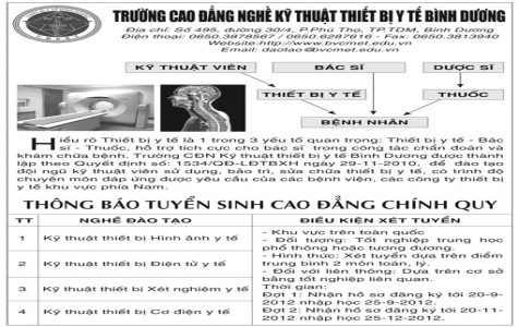 Trường Cao đẳng nghề Kỹ thuật Thiết bị Y tế Bình Dương: Thông báo tuyển sinh cao đẳng chính quy