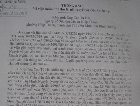 Chấm dứt thụ lý, giải quyết vụ việc khiếu nại của ông Cao Từ Hải