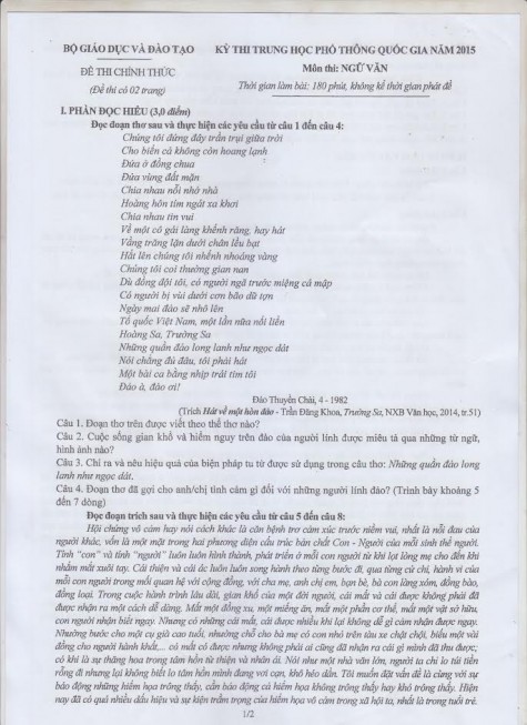 Gợi ý đáp án Đề thi Văn THPT quốc gia 2015
