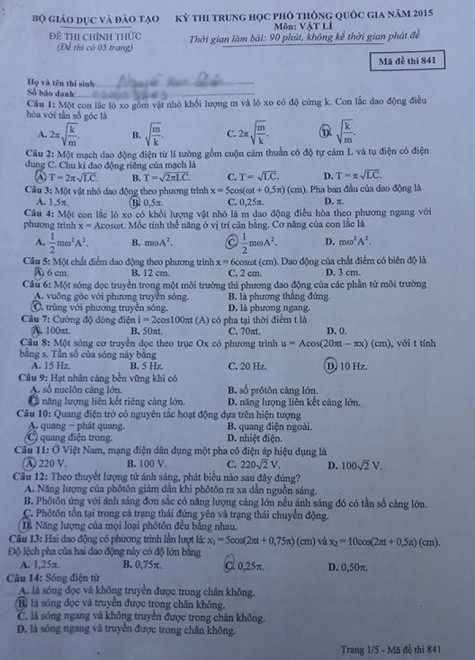 Đề và đáp án môn thi Vật lý THPT Quốc gia