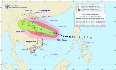 Bão số 10 sẽ mạnh thêm và tiến vào vùng bờ biển Nghệ An đến Quảng Trị