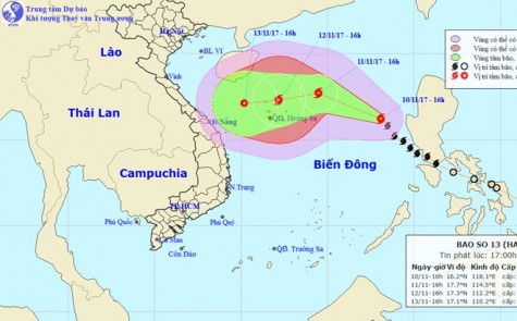 Bão số 13 di chuyển theo hướng Tây, mỗi giờ đi được khoảng 20km