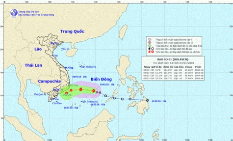 Đến 1 giờ ngày 4-1, tâm bão số 1 cách bờ biển Phú Yên-Bình Thuận 330km