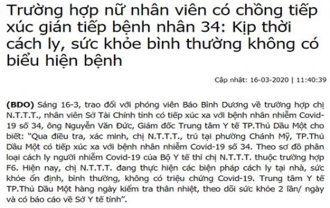 Trường hợp nữ nhân viên có chồng tiếp xúc gián tiếp bệnh nhân 34: Kịp thời cách ly, sức khỏe bình thường không có biểu hiện bệnh