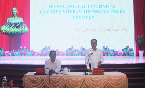 Đoàn công tác Tỉnh ủy làm việc với Ban Thường vụ Thị ủy Tân Uyên về thực hiện nhiệm vụ sau đại hội