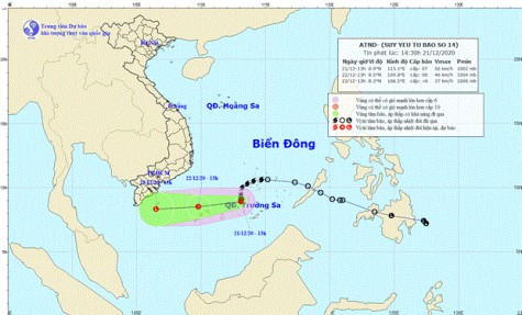 Bão số 14 suy yếu thành áp thấp nhiệt đới, đi về hướng Tây Tây Nam