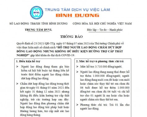 Trung tâm Dịch vụ việc làm tỉnh Bình Dương thông báo