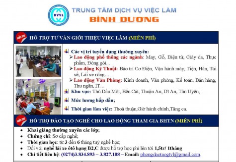 Trung tâm Dịch vụ việc làm tỉnh Bình Dương thông báo