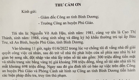 Người dân gửi thư cảm ơn cơ quan Công an vì bắt được trộm