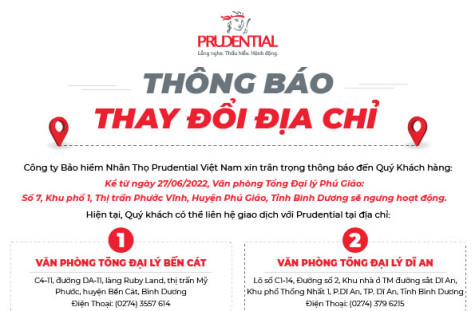 Công ty Bảo hiểm Nhân thọ Prudential Việt Nam thông báo thay đổi địa chỉ