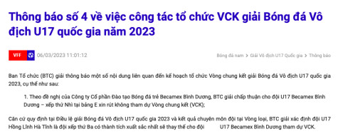 U17 Becamex Bình Dương xin không tham dự VCK U17 Quốc gia 2023