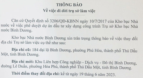 Kho bạc Nhà nước Bình Dương dời trụ sở làm việc