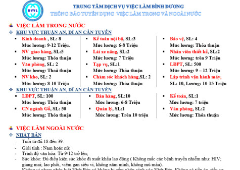 Trung tâm Dịch vụ việc làm Bình Dương thông báo tuyển dụng việc làm trong và ngoài nước