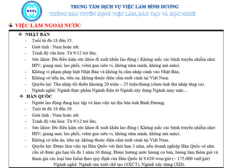 Trung tâm Dịch vụ việc làm Bình Dương thông báo tuyển dụng việc làm, đào tạo và học nghề