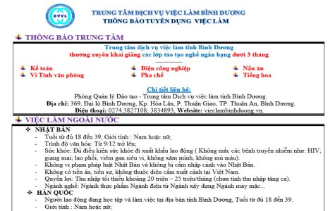 Trung tâm Dịch vụ việc làm Bình Dương thông báo tuyển dụng việc làm