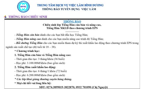 Trung tâm Dịch vụ việc làm Bình Dương thông báo tuyển dụng việc làm