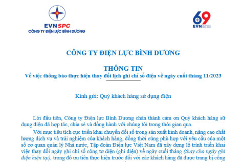 Công ty Điện lực Bình Dương: Thông báo thực hiện thay đổi lịch ghi chỉ số điện về ngày cuối tháng 11-2023