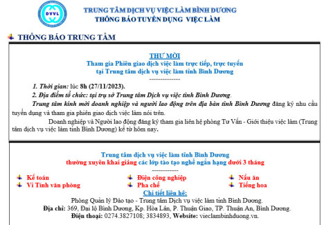 Trung tâm Dịch vụ việc làm Bình Dương thông báo tuyển dụng việc làm