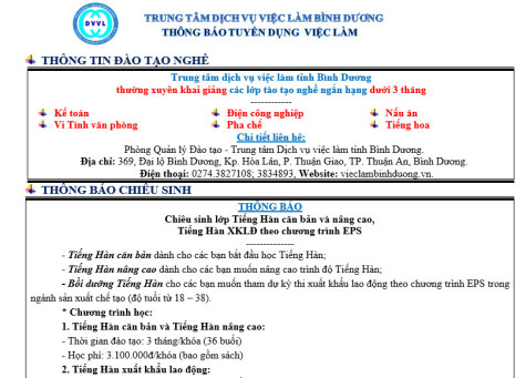 Trung tâm Dịch vụ việc làm Bình Dương thông báo tuyển dụng việc làm