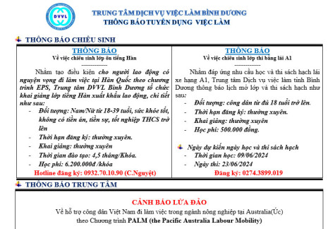 Trung tâm Dịch vụ việc làm Bình Dương thông báo tuyển dụng việc làm