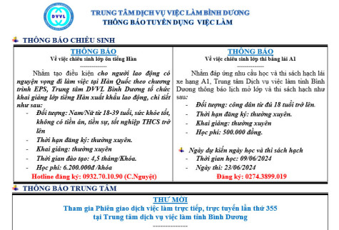 Trung tâm Dịch vụ việc làm Bình Dương thông báo tuyển dụng việc làm