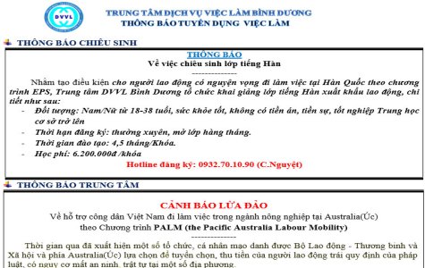 Trung tâm Dịch vụ việc làm Bình Dương thông báo tuyển dụng việc làm