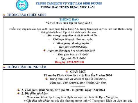 Trung tâm Dịch vụ việc làm Bình Dương thông báo tuyển dụng việc làm