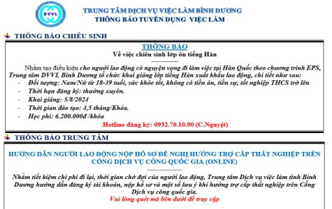 Trung tâm Dịch vụ việc làm Bình Dương thông báo tuyển dụng việc làm