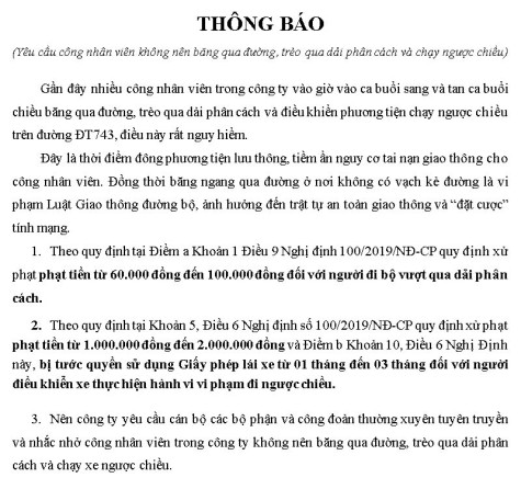 Một công ty ra thông báo yêu cầu công nhân không nên băng qua đường, trèo qua dải phân cách