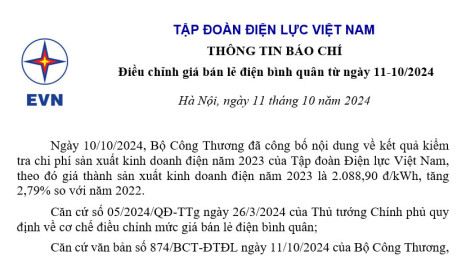 Điều chỉnh giá bán lẻ điện bình quân từ ngày 11-10-2024