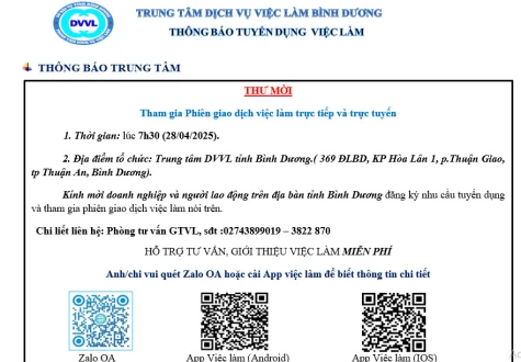 Trung tâm Dịch vụ việc làm Bình Dương thông báo tuyển dụng việc làm