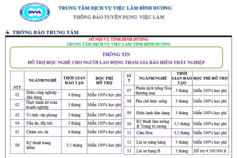 Trung tâm Dịch vụ việc làm Bình Dương thông báo tuyển dụng việc làm