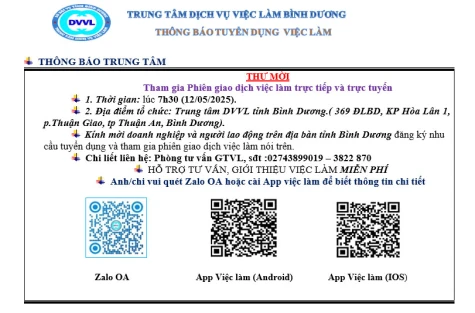 Trung tâm Dịch vụ việc làm Bình Dương thông báo tuyển dụng việc làm