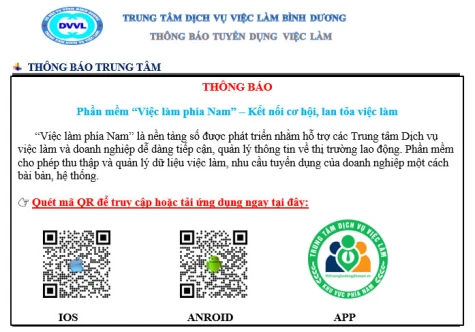Trung tâm Dịch vụ việc làm Bình Dương thông báo tuyển dụng việc làm