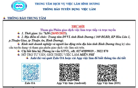 Trung tâm Dịch vụ việc làm Bình Dương thông báo tuyển dụng việc làm